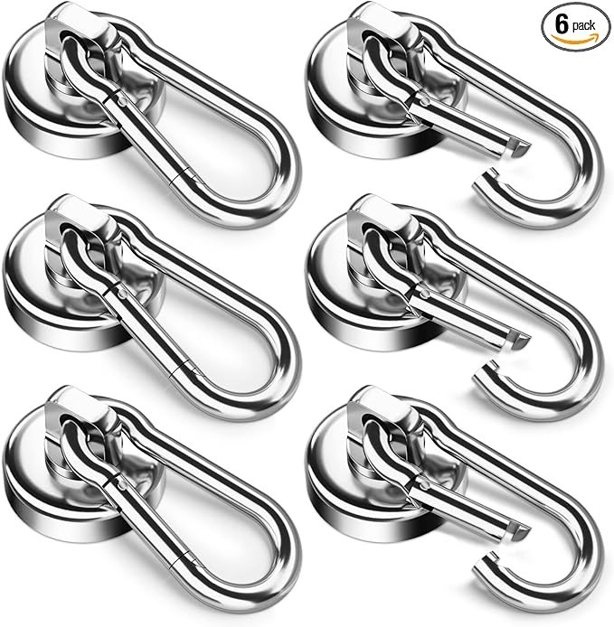 6 Pack Magnetic Hooks with Swivel Carabiner, 70LBS Neodymium Magnet Hooks Heavy.