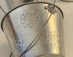 Lot 3 Silver Metal Bucket Pail Handle Tin 4.5 x 5.5″ Embossed Flowers Galvanized
