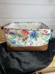 2 Pioneer Woman Patchwork Medley Canvas Basket Faux Leather Handles & Bottom New