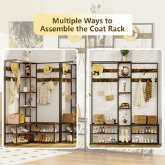Coat Rack Hall Tree with Bench Entryway Corner Coat Stand 6 in 1 Large Organizer