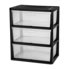 2 Pack Sterilite Wide 3 Drawer Tower Black Plastic Storage Organizer Cart Unit