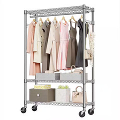 Chrome Carbon Steel Rolling Clothes Rack 3-Tier Garment Rack on Wheels W/ Rod Me