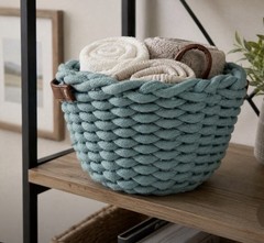 Braided Rope Storage Basket Aqua Blue w/ Faux Leather Handles Boho