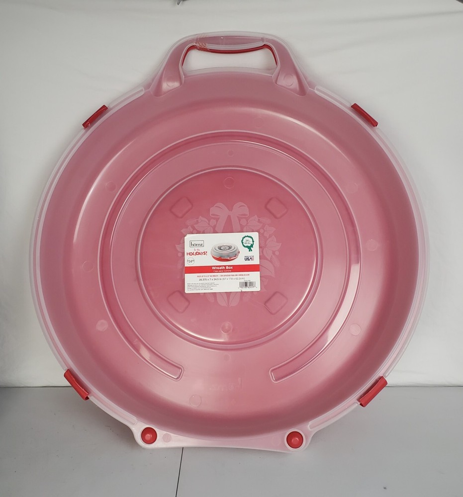 New 24″ Diameter Plastic Red Wreath Storage Box Holiday Christmas Homz