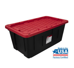 2 Pack Hyper Tough 40 Gallon Plastic Storage Bin, Snap Lid Tote, Black/Red Case