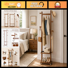 Freestanding Solid Wood Coat Rack with Wheels, 5 Hooks & 2 Shelves – Heavy Duty