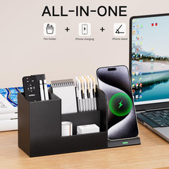 Pen Organizer with Phone Stand and Wireless Charger, Black Vegan Leather Desk