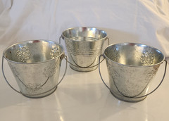 Lot 3 Silver Metal Bucket Pail Handle Tin 4.5 x 5.5″ Embossed Flowers Galvanized