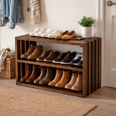 Rustic Wooden Shoe Rack Bench – 2-Tier Entryway Organizer in Dark Walnut – 28″