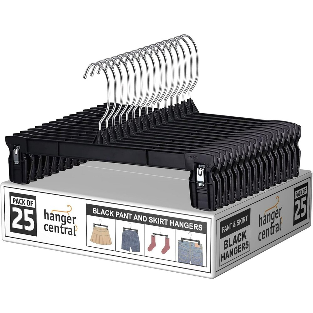 Hanger Central 25 Pack Black Plastic Pants Hangers with Extra Long Clips 12 inch