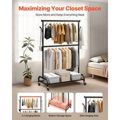 Uimoso Mobile Garment Rack with Hanging Rods, Side Hooks Clothes Storage Shelves