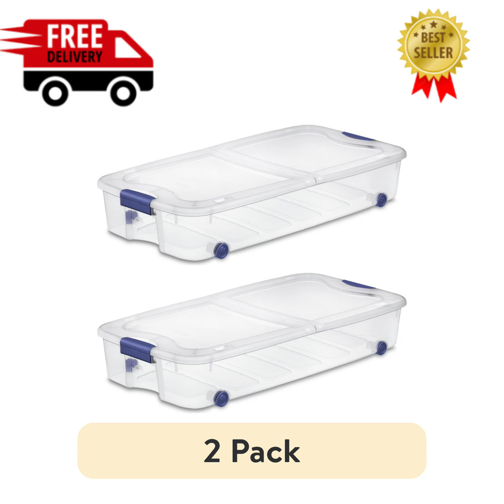 2-Pack Sterilite 66 Qt Underbed Storage Box Clear Wheeled Blue Lid