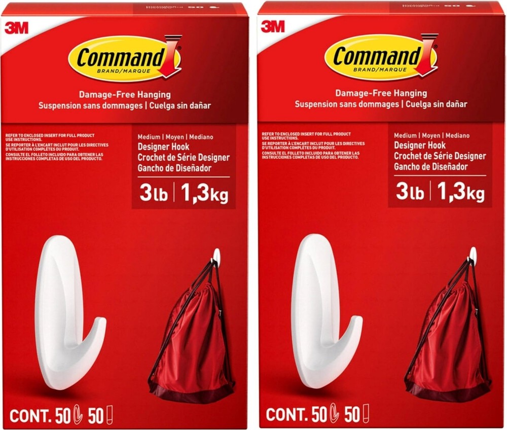 2 Boxes 3M Command 50 Medium Hooks & 50 Strips/Box Total 100 Hooks & 100 Strips