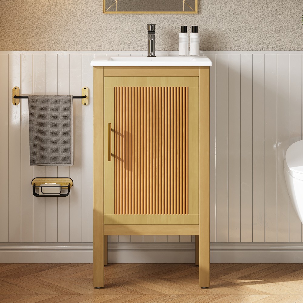 18 Inch Natural Wood Bathroom Vanity Cabinet with Ceramic Sink Adjustable Shelf