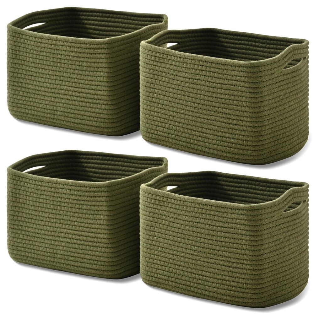 4 PCS Green Woven Cotton Rope Small Storage Book Basket 12.5×9.1×7.9 Inch