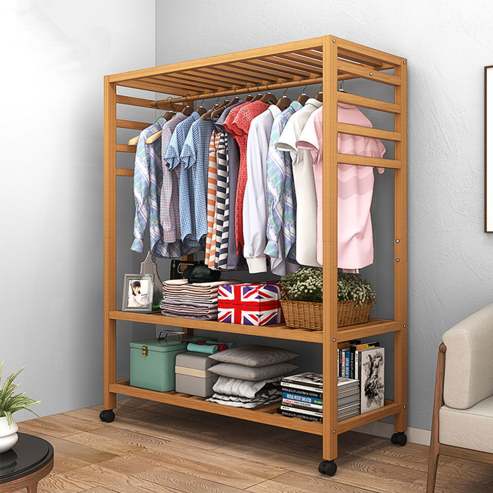 Bamboo Clothes Rail Scarf Cart Hanging Garment Coat Rack w 3 Tier Storage Shelf