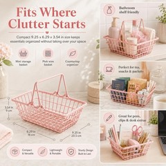 Pink Mini Shopping Basket, 9.25″ x 6.29″ x 3.54″ Metal Wire Basket with Handl…