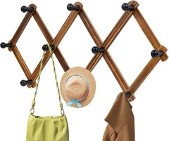 Expandable Wood Accordion Wall Rack with 10 Hooks in Antique Walnut Finish