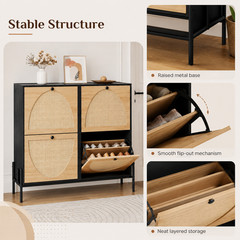 Rattan Shoe Storage Cabinet 4 Flip Down Doors Narrow Entryway Hallway Organizer