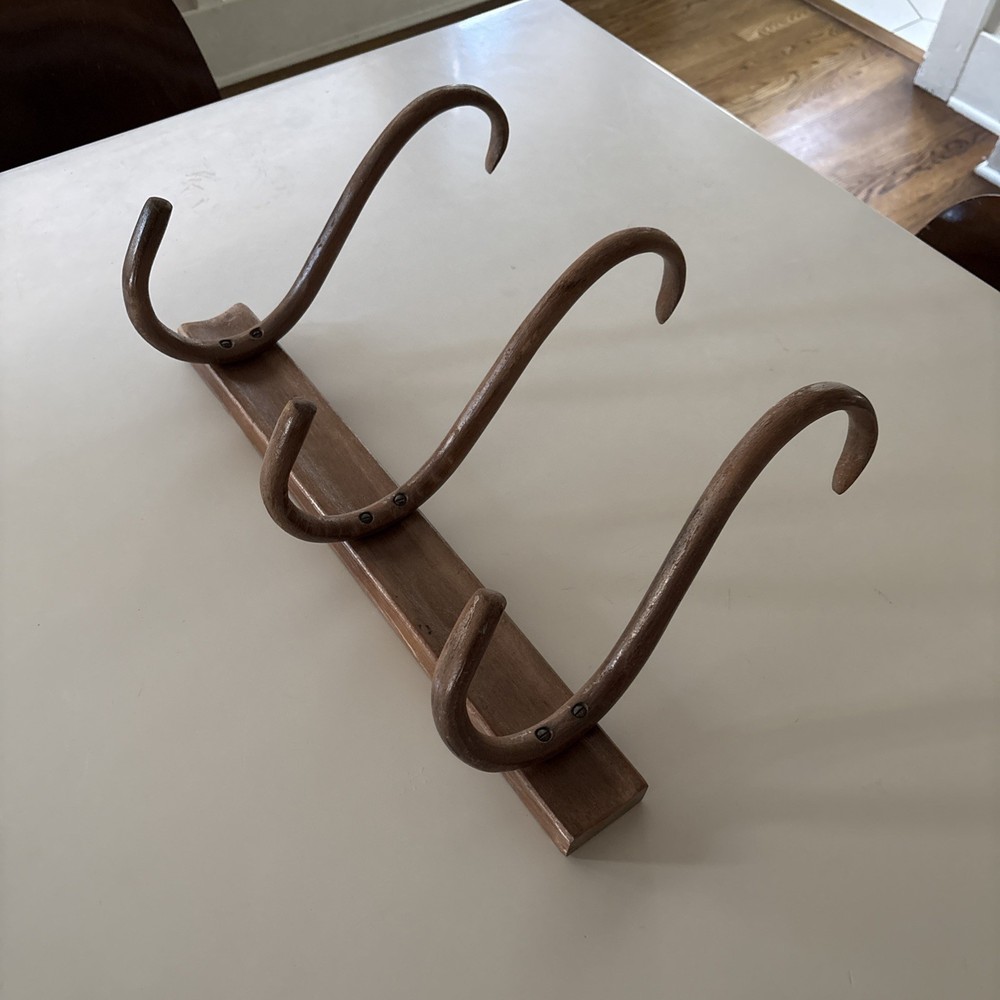 Vintage Bentwood 3 Hook Wall Mount Hat Coat Jacket Scarf Rack Thonet Style Brown