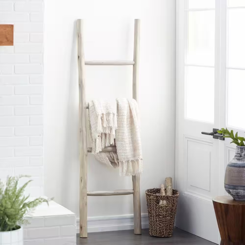 59 In. White Handmade Teak Wood 4 Rack Ladder Free Shipping New
