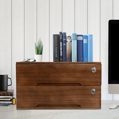 2-tier Wooden Desktop Storage Box W/Lockable Drawers Walnut Flat File Cabinet