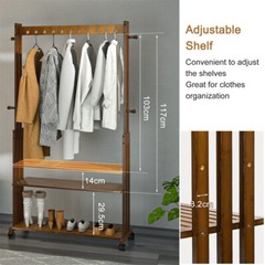 XL Movable Solid Wood Clothes Rack Clothing Rack with Shelf & Hook Garment Stand
