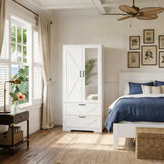 Farmhouse Wooden Closet Organizer Mirror Wardrobe with Drawers and Hanging Rods