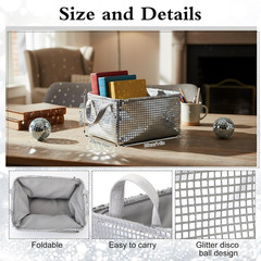 Disco Ball Storage Baskets Set – 3 Glitter Silver Foldable Bins with Handles