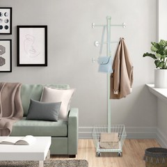 15.7*66in Movable Clothing Rack Metal Coat Rack Tree W/ Storage Basket & 6 Rods