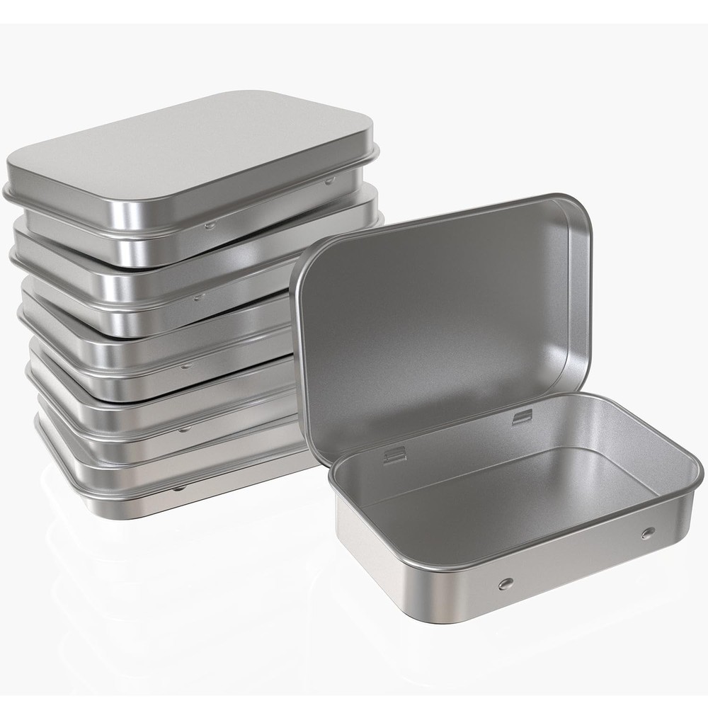 Hulless Small Hinged Tin Box Metal Tins 3.8” X 2.6” (6 Count), Silver
