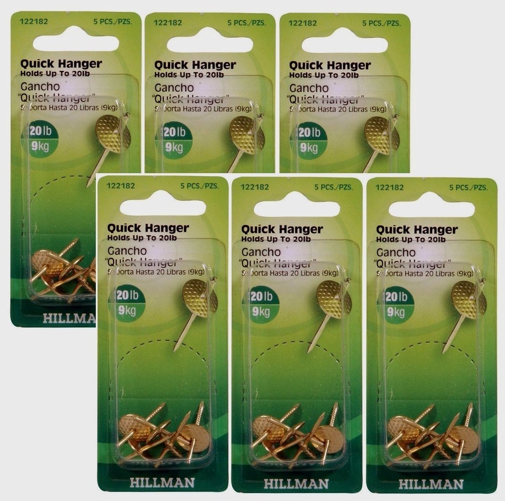 6 Hillman AnchorWire 20 lb. Brass One Piece Gancho Quick Wall Hanger 5pk 122182