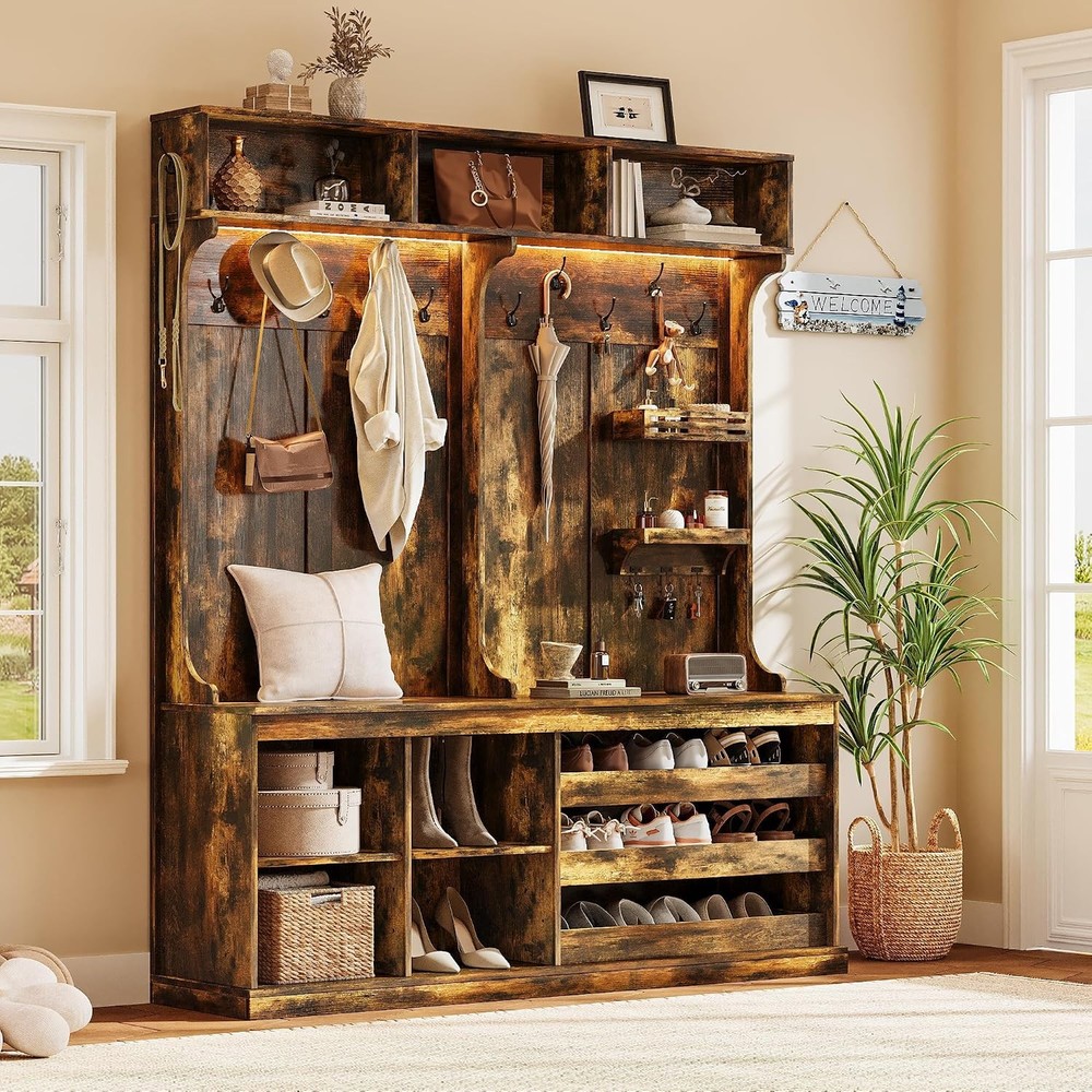 70“ Large Hall Tree W/ Bench & Adjustable Storage Shelves 6-in-1 Farmhouse