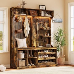 70“ Large Hall Tree W/ Bench & Adjustable Storage Shelves 6-in-1 Farmhouse