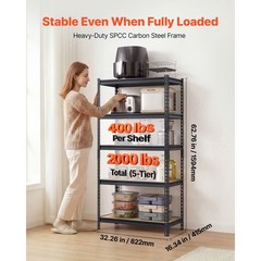 5-Tier 62in Metal Garage Shelving 32x16x62 in, 2000lb For Adjustable