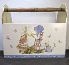 Vintage Holly Hobbie Metal Tin Storage Caddy Totes Wooden Handle 1970s Organizer