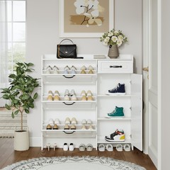 White Shoe Cabinet 4 Doors 1 Drawer Particle Board MDF Storage Cabinet