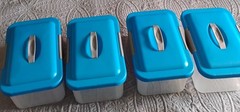 Lot of 4 Sterilite 1894 Blue Show Offs Storage Totes Hinge Handle Lid 14x9x6