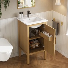 18 Inch Natural Wood Bathroom Vanity Cabinet with Ceramic Sink Adjustable Shelf