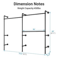 P2 Industrial Pipe Clothes Rack, Wall Mounted Open Closet System with 3 Hangi…