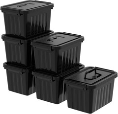 Stackable Black Plastic Storage Bins with Lids & Latches – 6 Pack