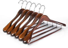 Luxury Wide Shoulder Wooden Hangers 6 Pack, with Locking Bar, Smooth Retro