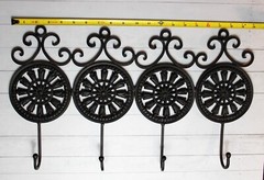 Vintage Cast Iron Metal Black Medallion Wall Hooks Four on One Piece Cottage