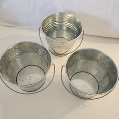 Lot 3 Silver Metal Bucket Pail Handle Tin 4.5 x 5.5″ Embossed Flowers Galvanized
