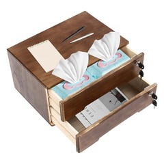 2-tier Wooden Desktop Storage Box W/Lockable Drawers Walnut Flat File Cabinet