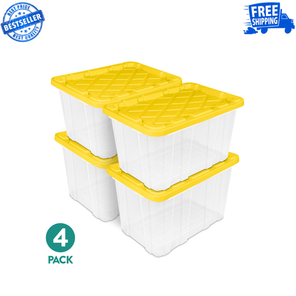 Sterilite 27 Gallon Industrial Storage Tote Bin Clear / Yellow Lid, 4 Pack