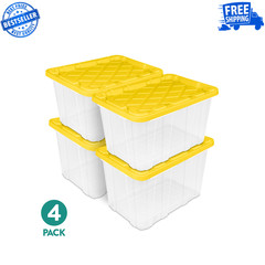 Sterilite 27 Gallon Industrial Storage Tote Bin Clear / Yellow Lid, 4 Pack