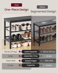 3 Tier Shoe Rack Bench One Piece Shelves Shoe Storage Organizer W/ Raised Edges