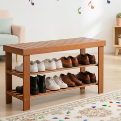 3-Tier Bamboo Shoe Rack Bench – Entryway Mudroom Wooden Storage Shelf Walnut