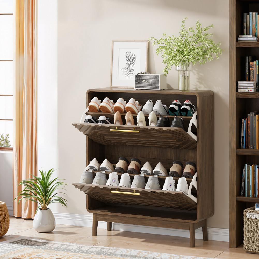 Entryway Shoe Cabinet 31.5″ Walnut Shoe Storage with Doors ,2 Flip-Top Drawer